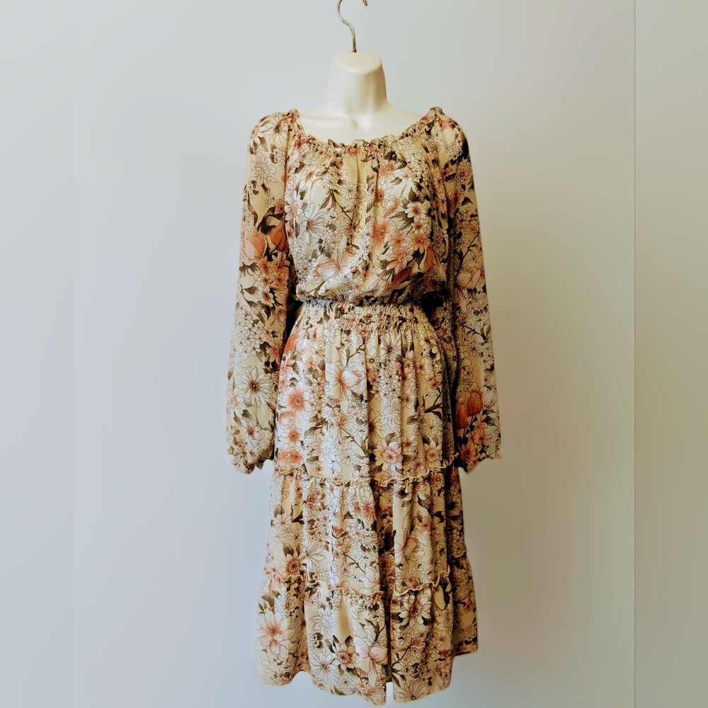 Kate And Lily Floral Long Sleeve Midi  Dress Sheer Lined Tiered Sz 16W - Picture 2 of 12